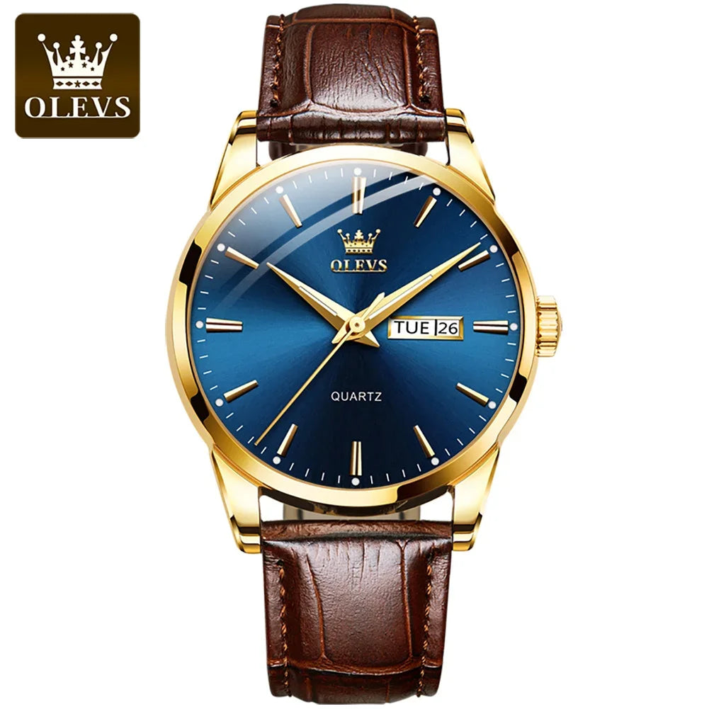 OLEVS-kwartshorloge voor heren – Luxe en elegante stijl, leren band, datum- en dagweergave, waterdicht, ideaal voor op het werk