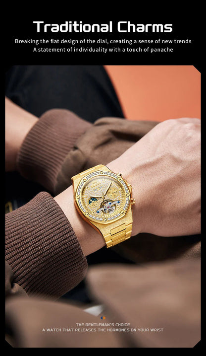 Ceasuri pentru bărbați OLEVS din oțel auriu, ceasuri de lux mecanice automate, ceasuri de mână sport, rezistente la apă, cu tourbillon, Reloj Hombre