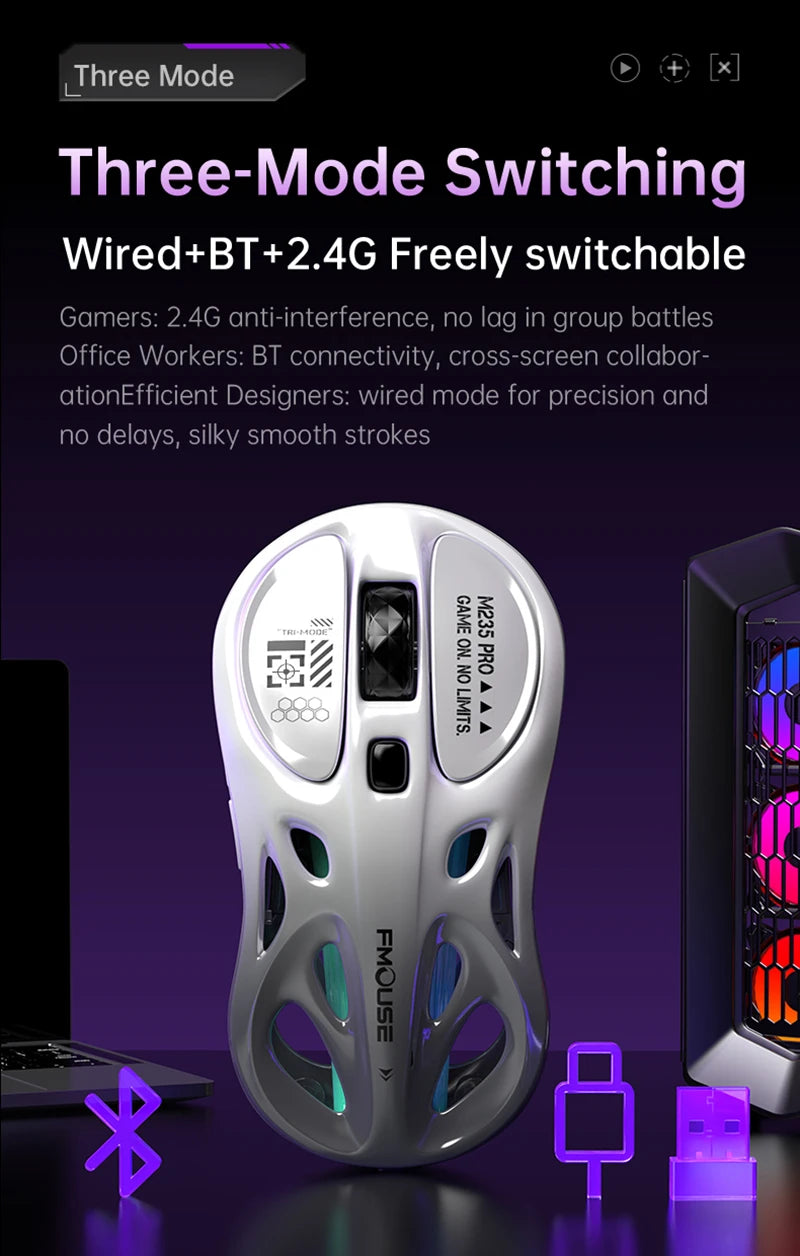Mouse gaming RGB tri-mode wireless 2.4G, design gol și ușor, cu iluminare Chroma, cu fir și Bluetooth, controller mouse e-sports