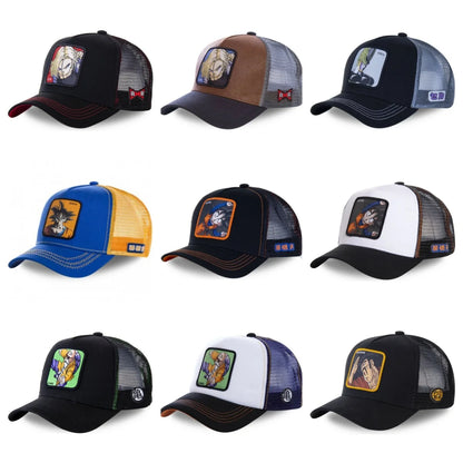 Dragon Ball Son Goku sapka, nyári utazós csúcsos sapka, férfi hímzett hip-hop stílusú napellenzős, állítható trucker hálós sapka