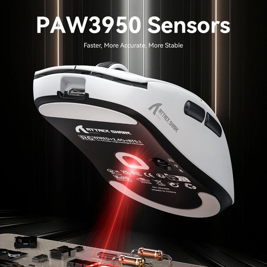 Rato Gaming Attack Shark R6 38g ultraleve, sem fios com taxa de retorno PAW3950 8K, Nordic 52840, 24000DPI, tri-modo