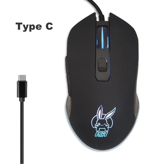 Rato luminoso colorido USB-C com botão de silêncio para computador portátil Type-C — rato gaming