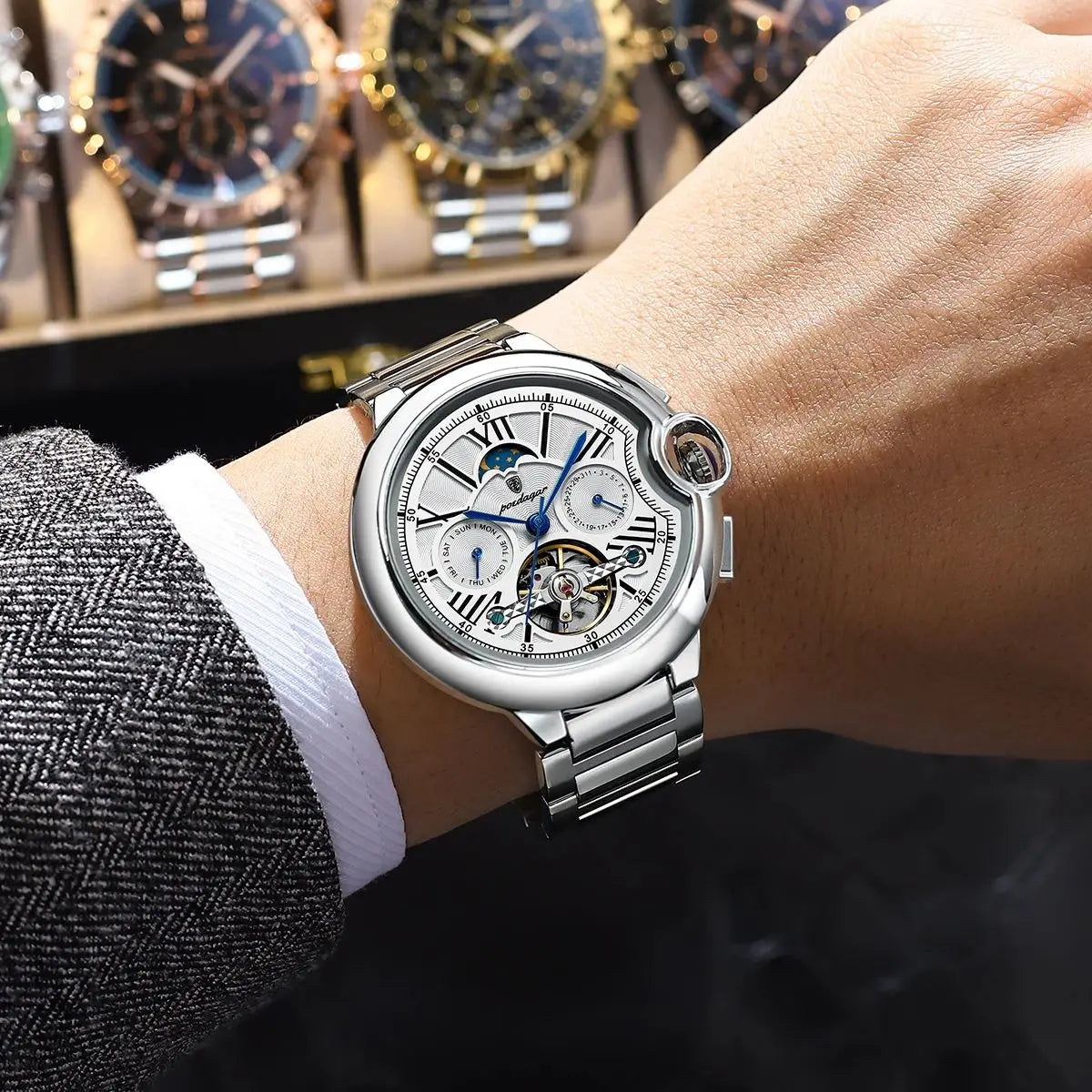 POEDAGAR herenhorloge, luxe en professionele stijl, met datum- en dagweergave, tourbillon, roestvrijstalen kast, automatisch mechanisch uurwerk en waterdicht.