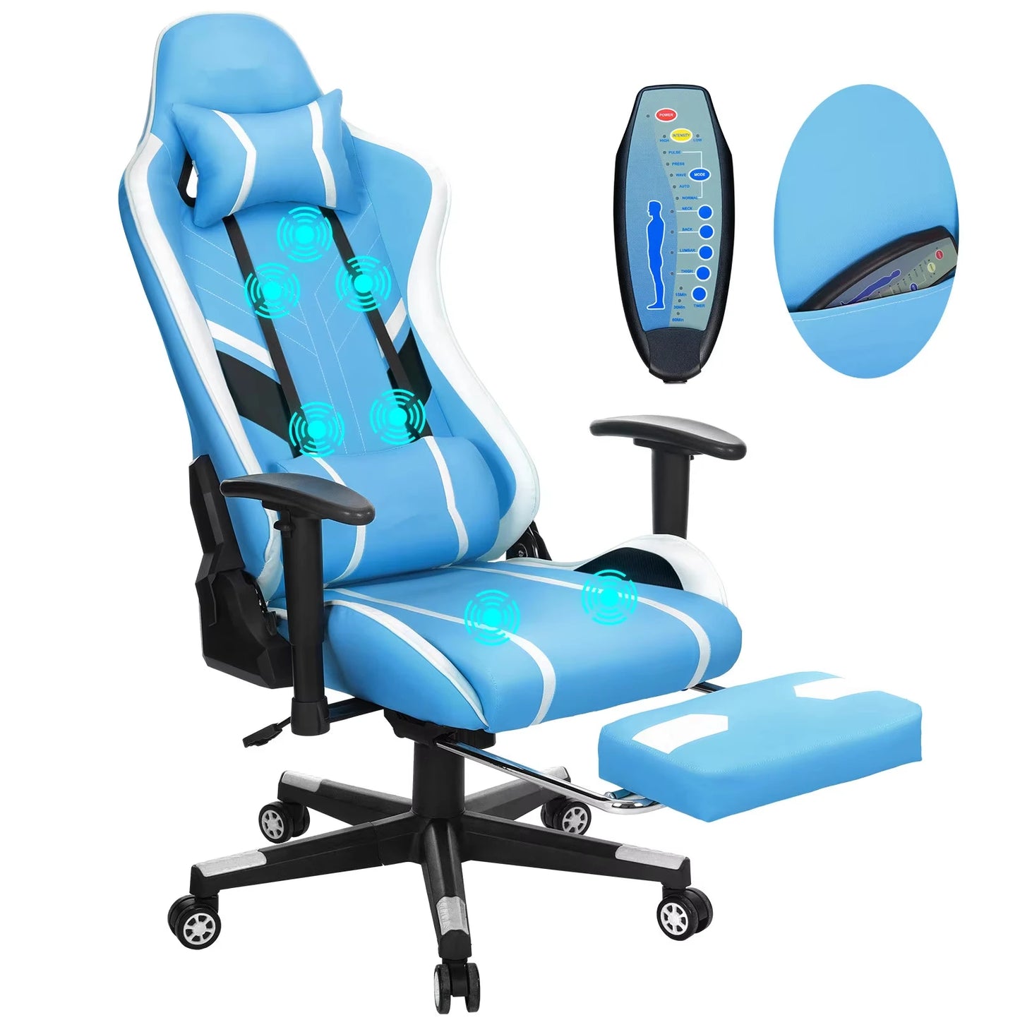 Massage Gaming Chair Ergonomic Office Chair with Footrest, 7-Point Massage Gaming Chair with Lumbar Support, Reclining Gamer Seat GC-RC03