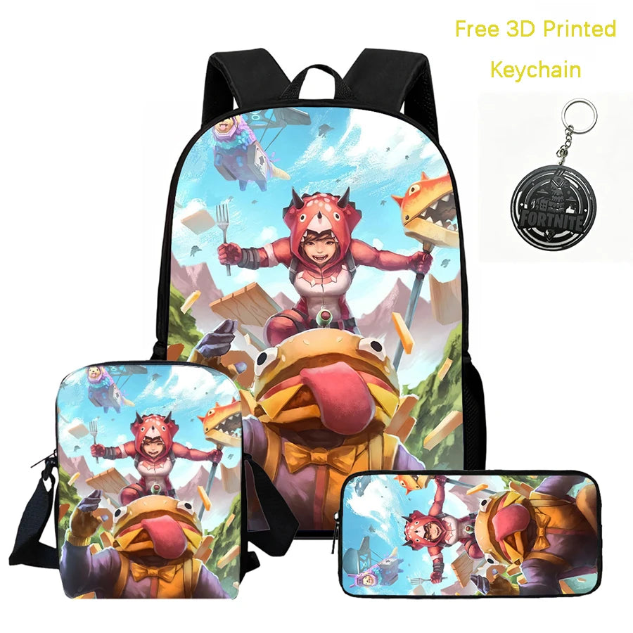 Conjunto de mochila infantil 3 peças, mala a tiracolo e estojo, mala FORTNITE com desenhos, leve para meninos e meninas dos 5 aos 10 anos, porta-chaves 3D impresso grátis