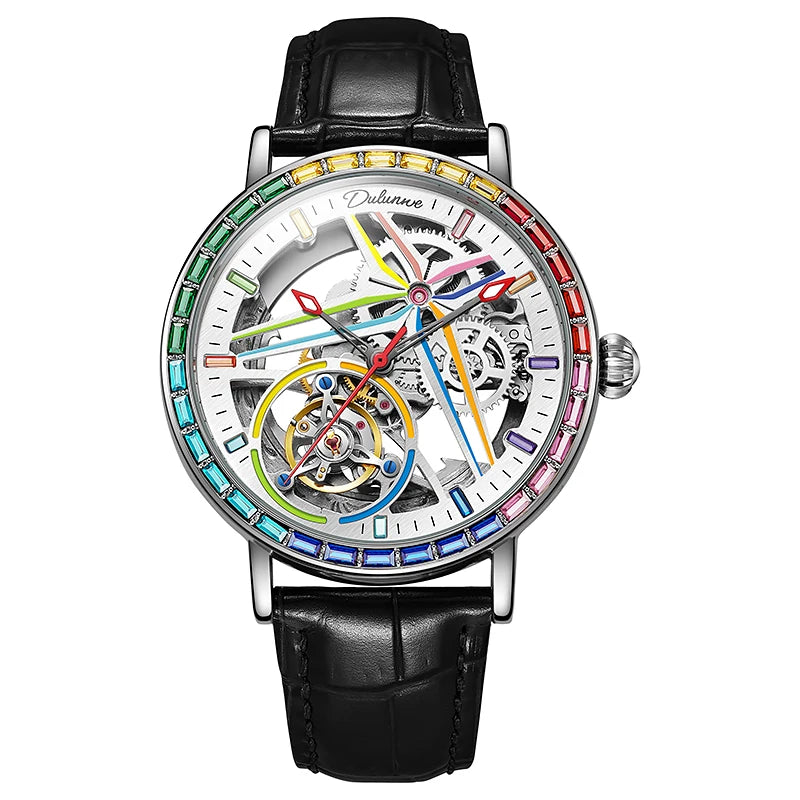 Skelethorloge voor heren, modieuze stijl, versierd met edelstenen in de kleuren van de regenboog, voorzien van een tourbillon; luxe mechanisch automatisch horloge, waterdicht tot 30 meter.