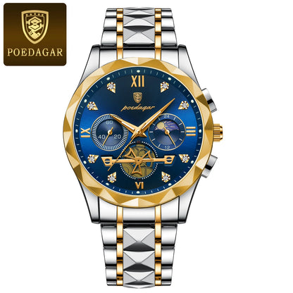 POEDAGAR Top High Quality Man Wristwatch Stainless Steel Chronograph Business Men Watch Waterproof Luminous Quartz Men's Watches