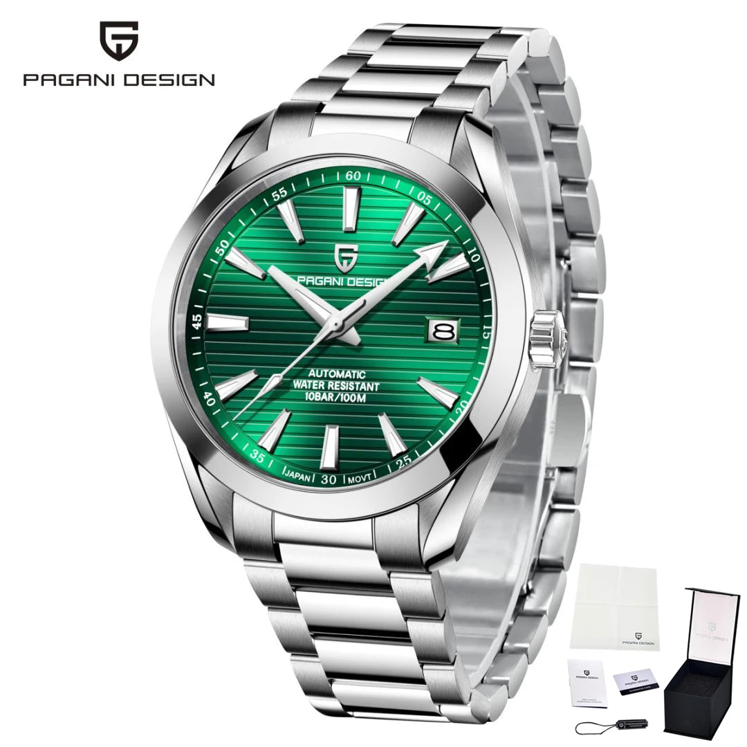 Reloj de lujo para hombre PAGANI DESIGN – Modelo automático mecánico (calibre 8215), de acero inoxidable, hermético, con indicador de fecha y agujas luminiscentes