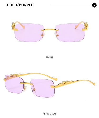 New Rimless Rectangle Vintage Metal Leopard Head Sunglasses Fashion Frameless Tinted Glasses Shades for Women Men