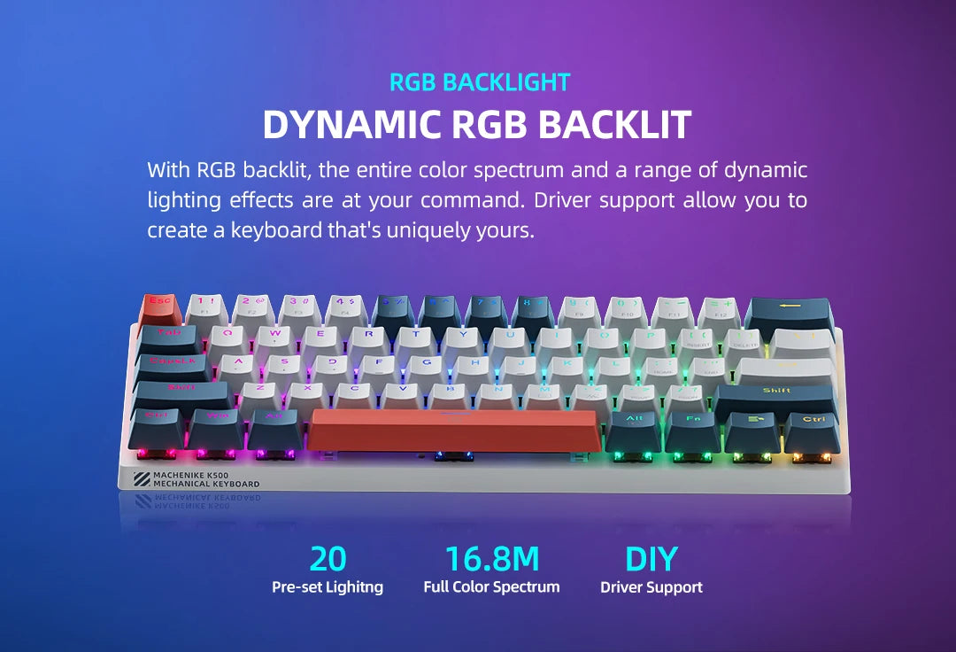 K500-B61 Machenike Mini teclado mecánico, formato 60%, 61 teclas, teclado gaming con cable, teclas totalmente hot-swappable y retroiluminación RGB