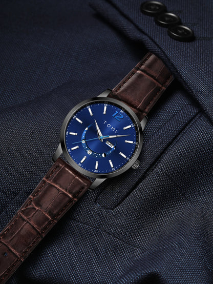 Ceas cu cuarț TOMI, stil business și elegant, cu brățară din piele, carcasă din aliaj și cadran cu ace – Design de înaltă calitate, idee de cadou pentru bărbați