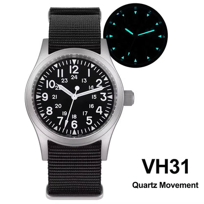 Militado ML05 38mm Military Field Watch VH31 Sweep Quartz Movement Domed Sapphire Crystal Waterproof 100M Super Luminous Watches