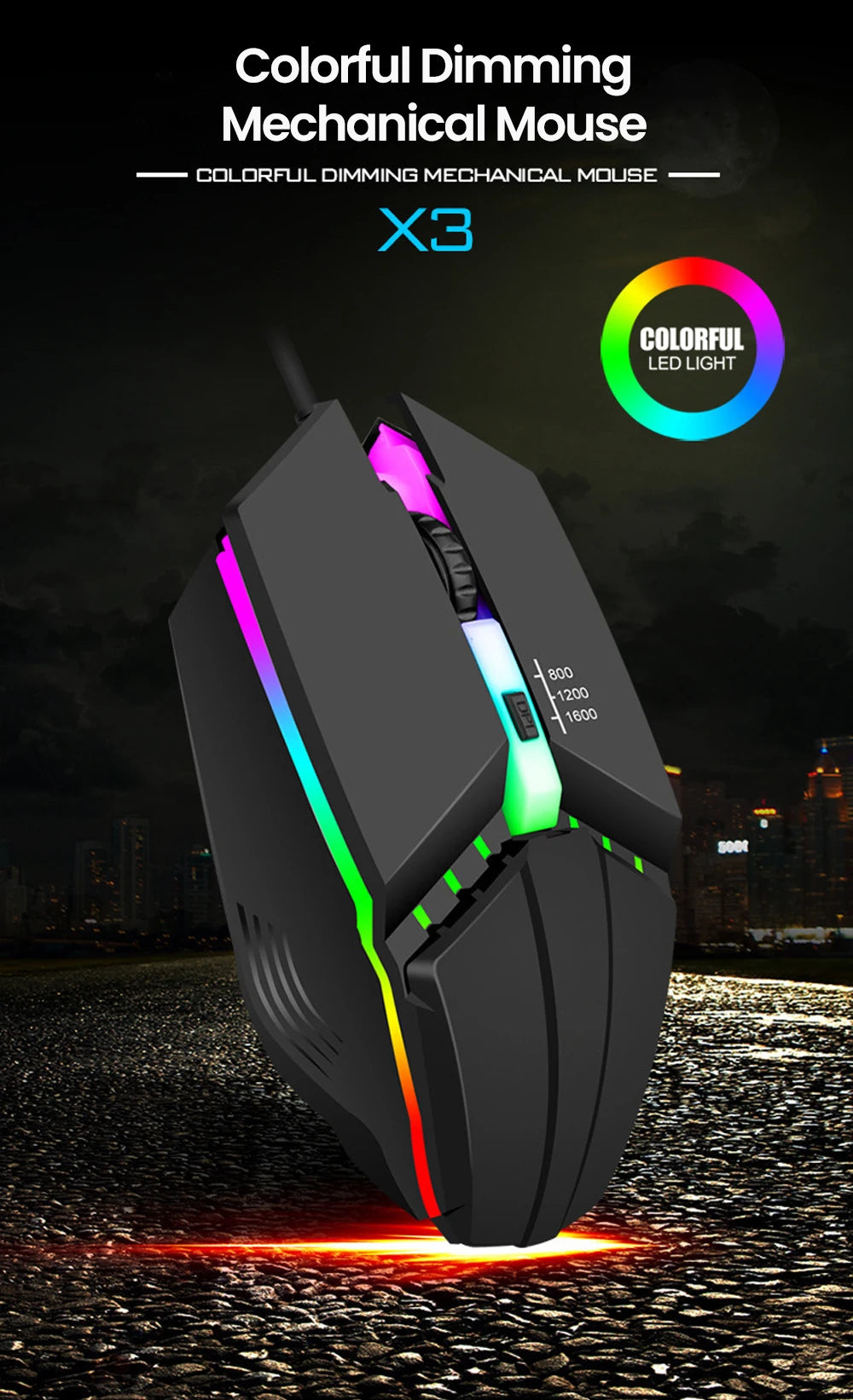 Ενσύρματο RGB Gaming Ποντίκι USB με Οπίσθιο Φωτισμό, Αθόρυβη Λειτουργία, LED Φωτισμό, 1600DPI, για Desktop PC, Notebook, Υπολογιστή, Σπίτι και Γραφείο