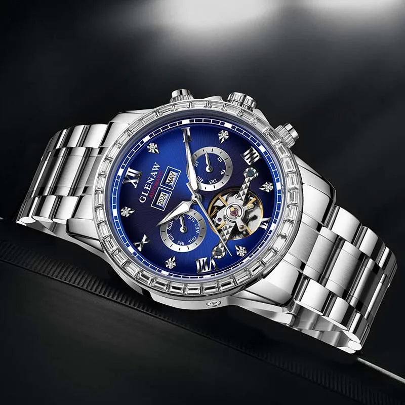GLENAW multifunction mechanical watch – Men’s model, business and casual style, stainless steel bracelet, water-resistant, with date display – Luxury watch