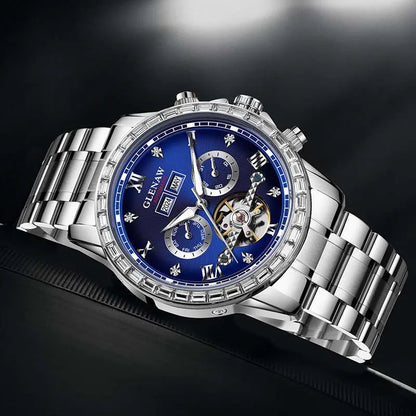 GLENAW multifunction mechanical watch – Men’s model, business and casual style, stainless steel bracelet, water-resistant, with date display – Luxury watch