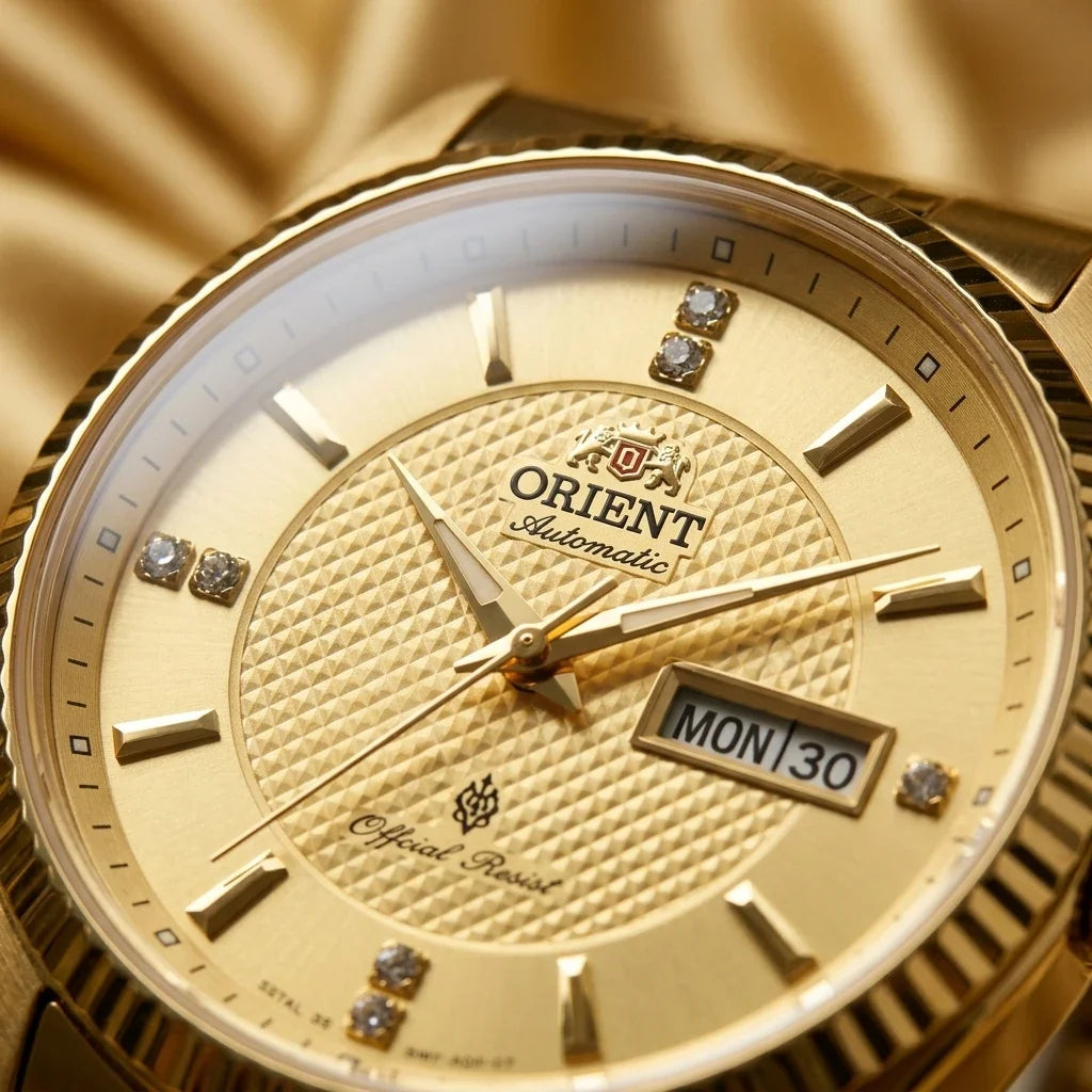Relógio mecânico automático para homem da Orient, com calendário duplo (data e dia da semana), índices em cristal e bracelete em aço inoxidável – Relógio de pulso de estilo profissional