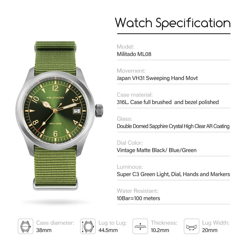Militado ML08 Vintage Quartz Watch Ronda 515 Movement Ar Sapphire Mirror 38Mm Wrist Watch Date Super Luminous Waterproof Watches