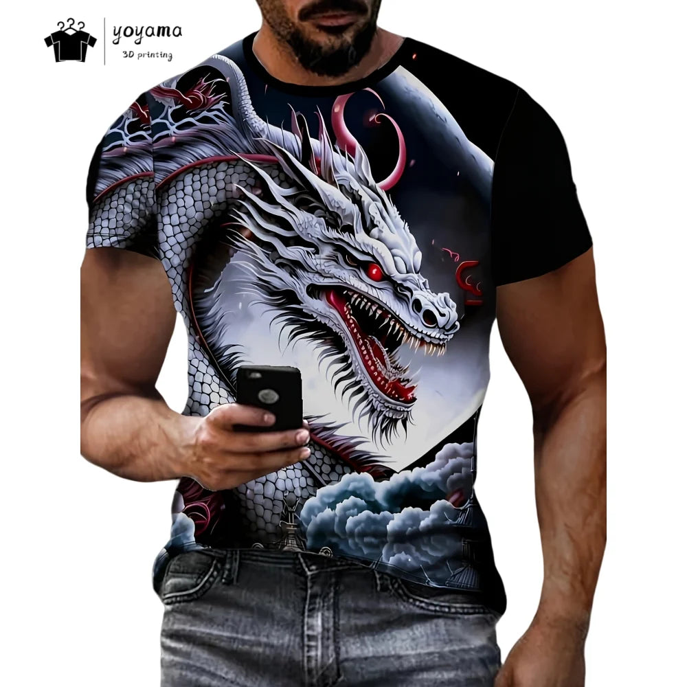 T-shirts de homem com padrão de dragão, manga curta, gola redonda, estilo streetwear, estampado animal 3D, corte largo e versátil, roupa de homem