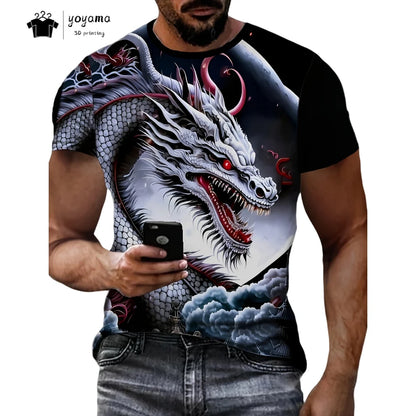 T-shirts de homem com padrão de dragão, manga curta, gola redonda, estilo streetwear, estampado animal 3D, corte largo e versátil, roupa de homem