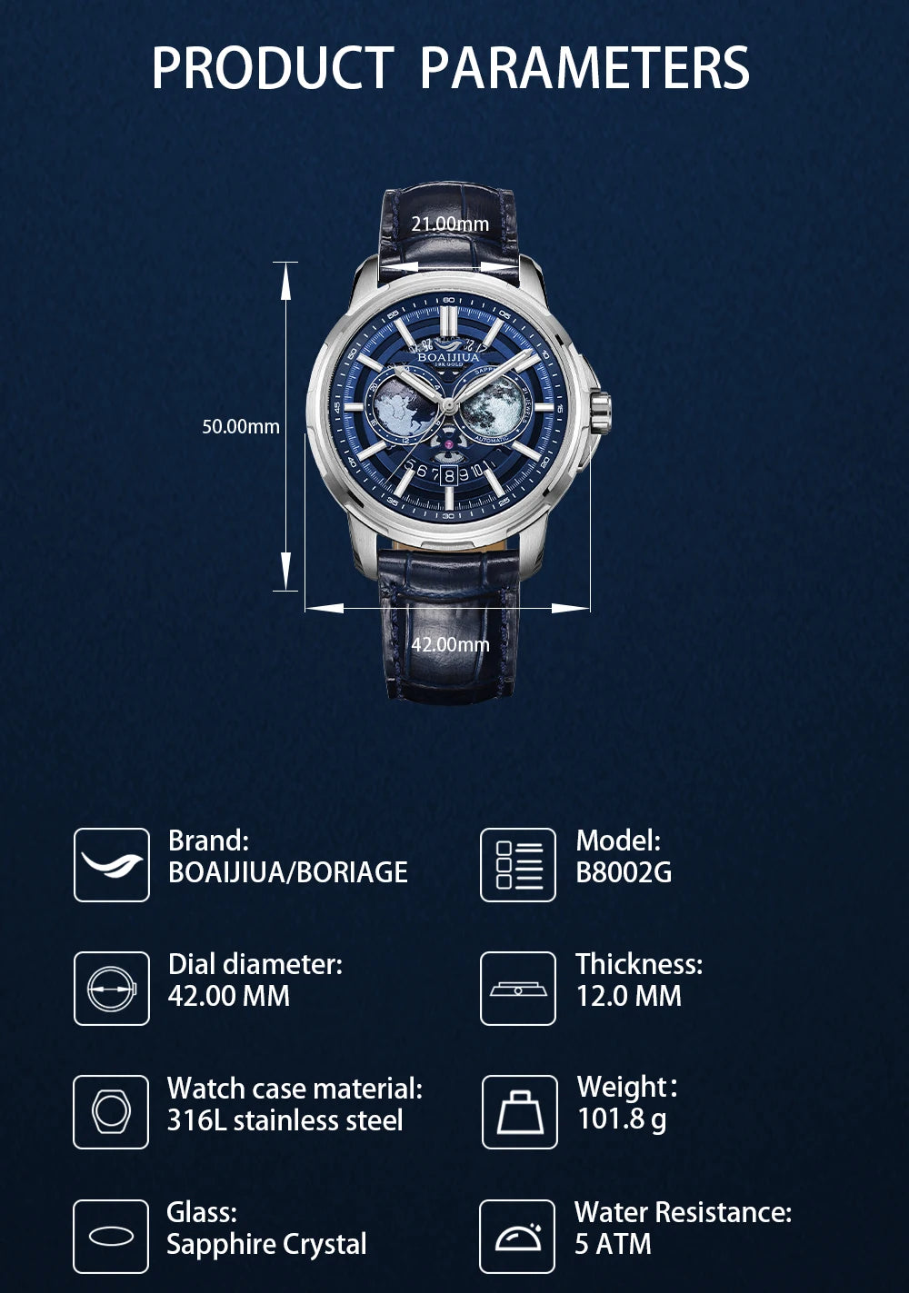 Relógio mecânico masculino totalmente automático BORIAGE(BOAIJIUA) — design original, resistente à água e luminoso