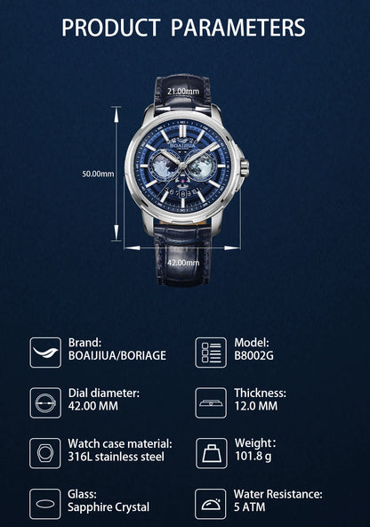 Relógio mecânico masculino totalmente automático BORIAGE(BOAIJIUA) — design original, resistente à água e luminoso