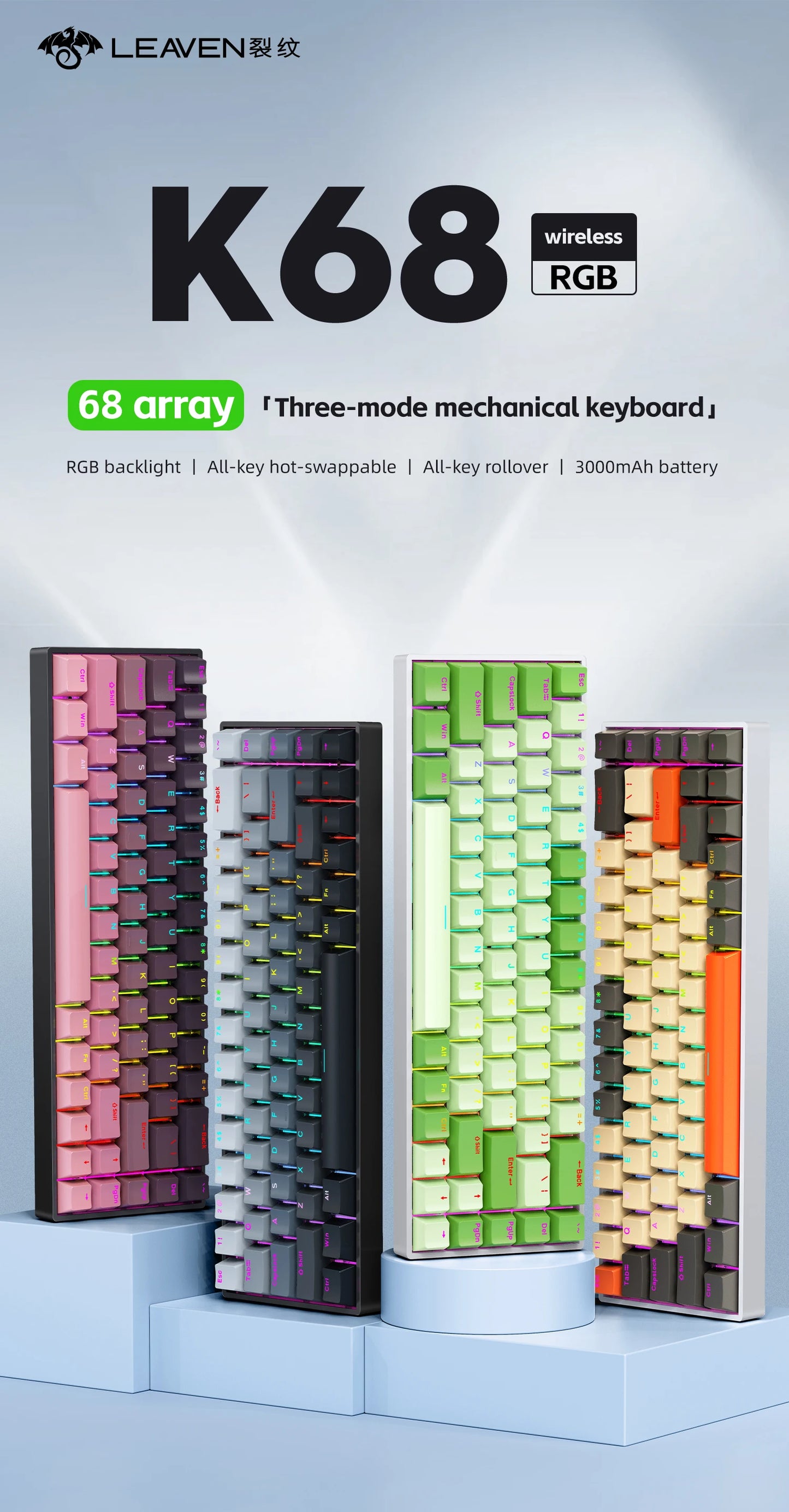 K68 68Key Wireless Mechanical Keyboard Tri-mode Connection, Full Key Hot Swap, RGB lighting Effects, L