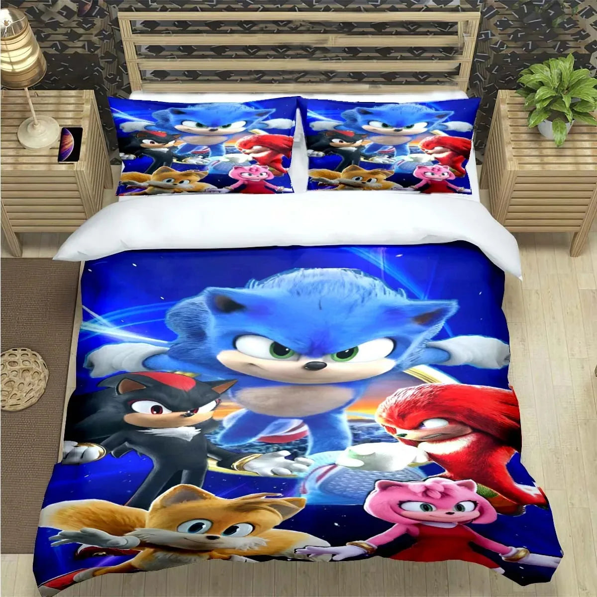 Mados animacinių filmų personažų motyvais dekoruotas patalynės komplektas „Sonic“ antklodės užvalkalas, antklodė, lovos užklotas, skirtas paaugliams, vaikams, mergaitėms ir berniukams – prabangus gimtadienio dovana