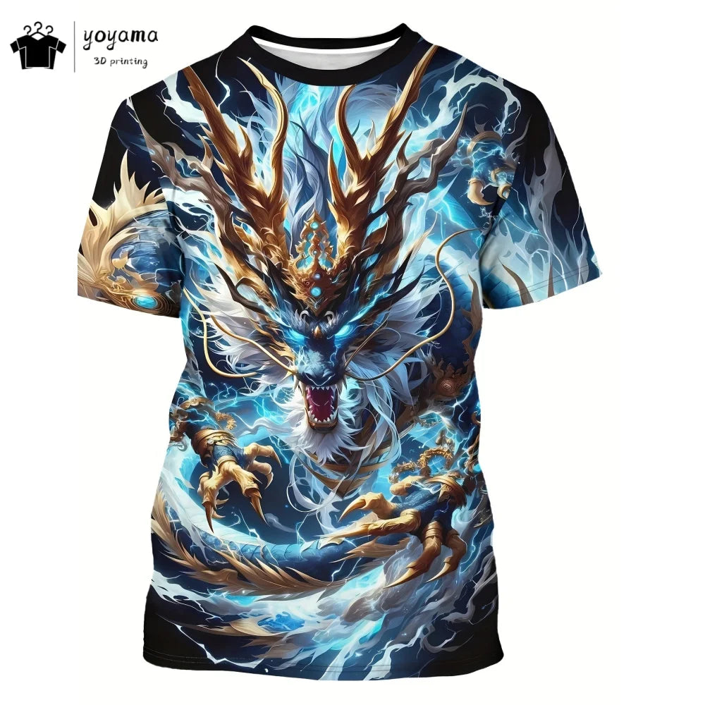 T-shirts de homem com padrão de dragão, manga curta, gola redonda, estilo streetwear, estampado animal 3D, corte largo e versátil, roupa de homem