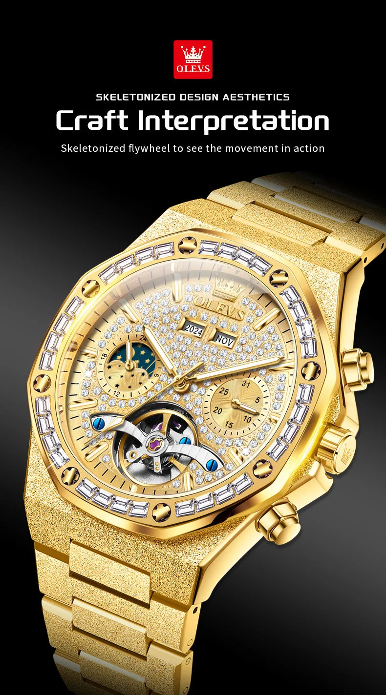 Ceasuri pentru bărbați OLEVS din oțel auriu, ceasuri de lux mecanice automate, ceasuri de mână sport, rezistente la apă, cu tourbillon, Reloj Hombre