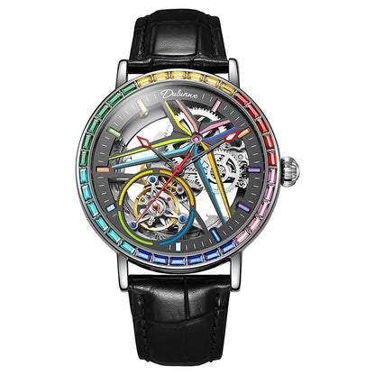 Skelethorloge voor heren, modieuze stijl, versierd met edelstenen in de kleuren van de regenboog, voorzien van een tourbillon; luxe mechanisch automatisch horloge, waterdicht tot 30 meter.