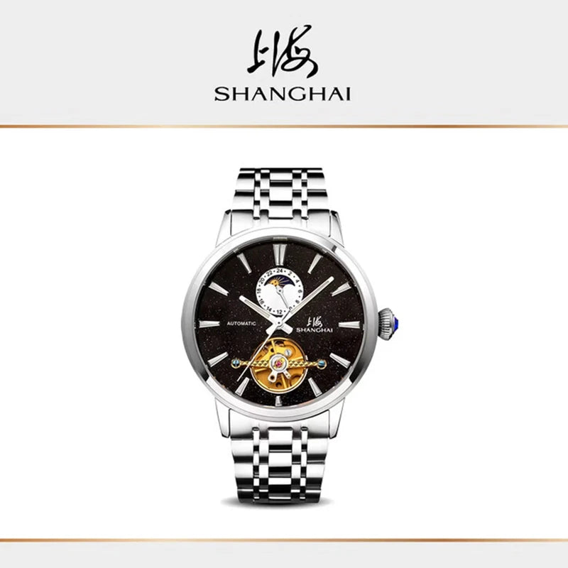 Ceasuri pentru bărbați Shanghai Watch Flywheel cu calendar, cadran Starlight, ceas de mână mecanic automat, oțel inoxidabil 316L, model S8609