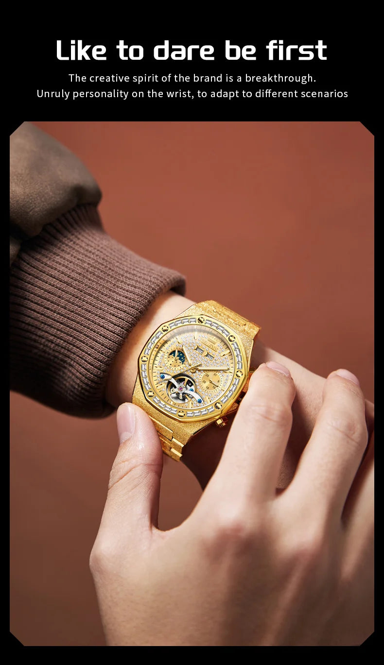 Ceasuri pentru bărbați OLEVS din oțel auriu, ceasuri de lux mecanice automate, ceasuri de mână sport, rezistente la apă, cu tourbillon, Reloj Hombre