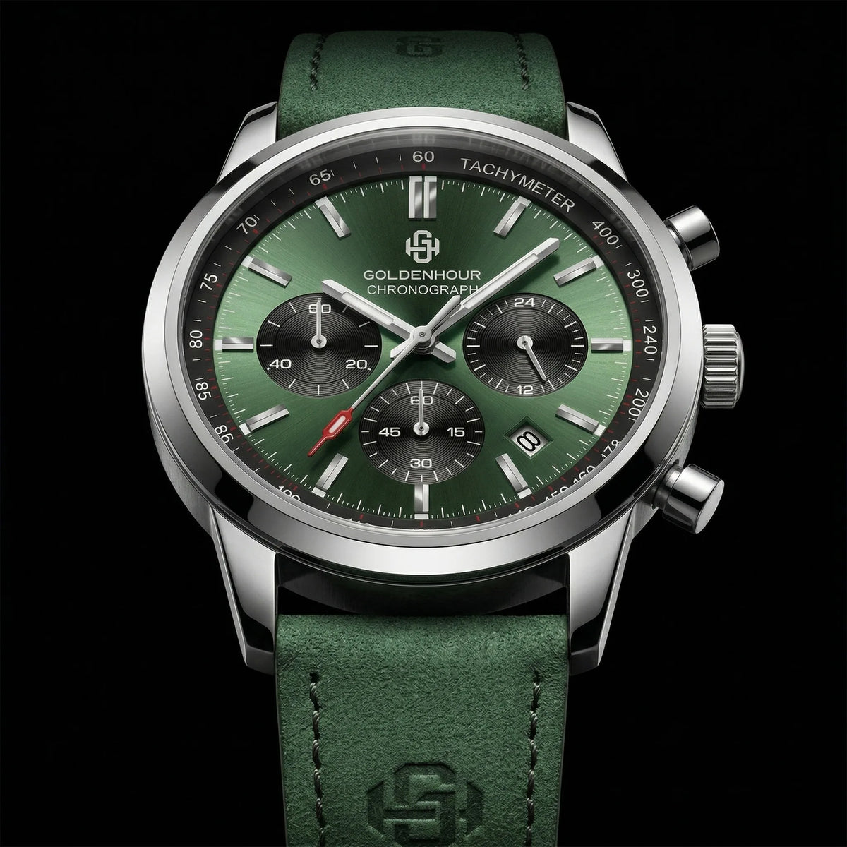 Reloj de lujo para hombre GOLDENHOUR: cronógrafo de cuarzo, esfera verde, correa de piel, resistente al agua, luminiscente, estilo militar y deportivo