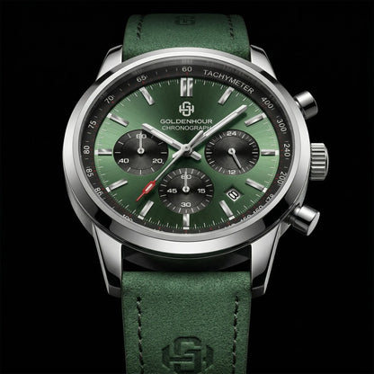 Reloj de lujo para hombre GOLDENHOUR: cronógrafo de cuarzo, esfera verde, correa de piel, resistente al agua, luminiscente, estilo militar y deportivo