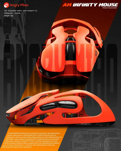 Mouse de gaming wireless Angry Miao Infinity, metalic, ultraușor, cu carcasă perforată, hot-swappable, PAW3950, Dual 8K, cu fir, tri-mode, portocaliu