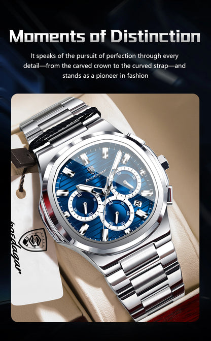 POEDAGAR Men’s Luxury Stainless Steel Quartz Watch  Waterproof Chronograph with Luminous Dial & Date