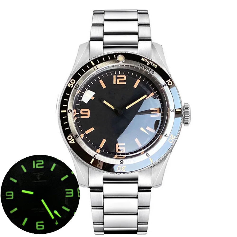 Tandorio NH35A PT5000 Mechanical Mens Watch 20BAR Waterproof Sapphire Luminous Red Black Dial Stainless Steel Bracelet New Clock