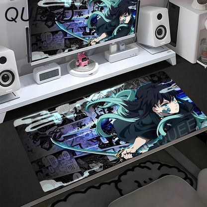 Tapete de Secretária para Computador e Teclado, Tapete de Rato Anime com Rapariga Kawaii, 900x400mm, Borracha Antiderrapante, Demon Slayers XL