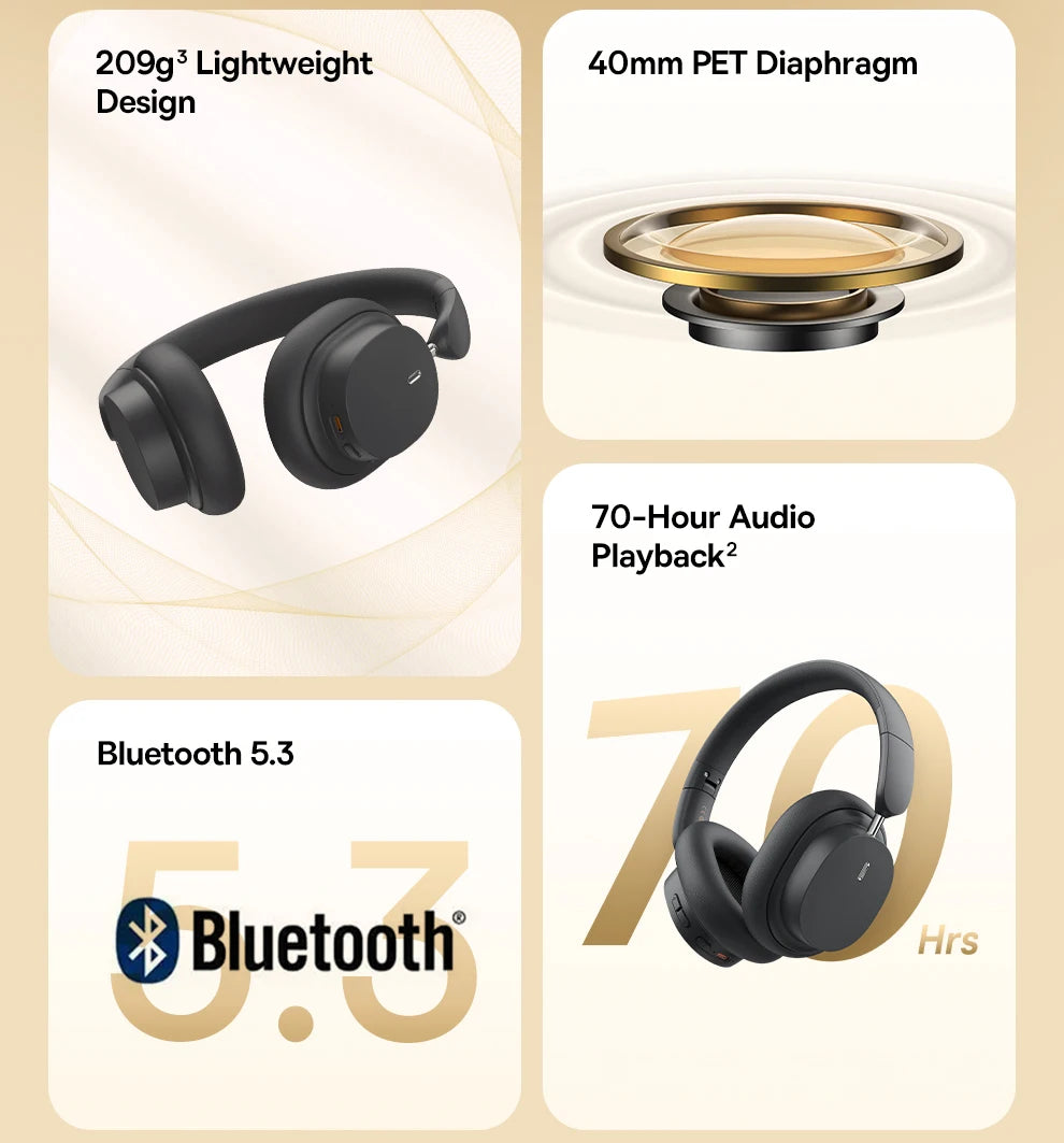 Baseus Wireless Bluetooth 5.3 Over-Ear Headphones – HiFi 40mm Driver, 70H Playtime Foldable Headset with Spatial Audio