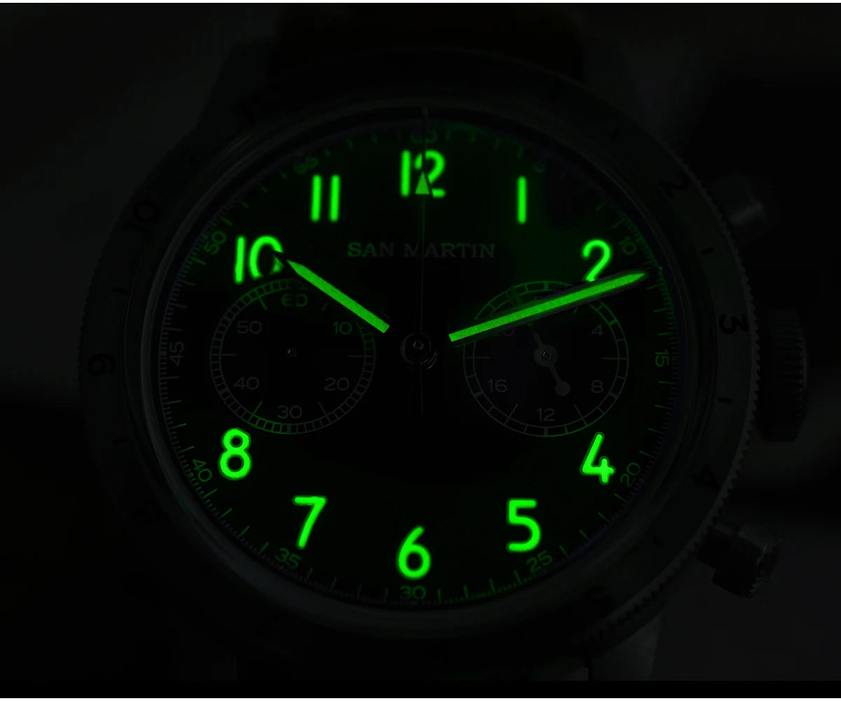San Martin Vintage Men Quartz Watch Pilot VK64 Chronograph Watches Waterproof Luminous Quick Release Leather Strap SN0127