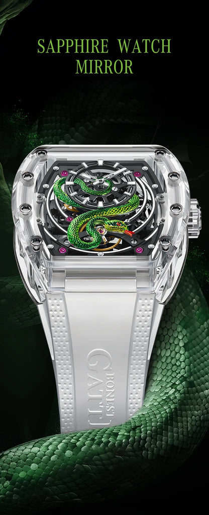 BONEST GATTI Men's Mechanical Watch Sapphire Crystal Double-Sided Hollow Out Luminous 30M Waterproof Snake Pattern Dial Wristwatch