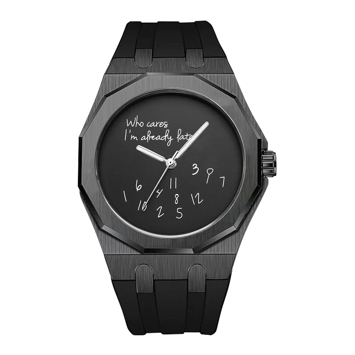 Lyxig herrklocka med åttkantigt boett och silikonarmband, vattentät, med en urtavla prydd med den humoristiska sloganen ”Who Cares I'm Already Late” (Än sen då, jag är ju redan sen).