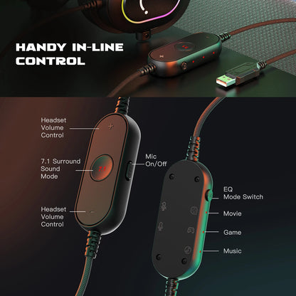 Fifine Dynamisches RGB-Gaming-Headset mit Mikrofon Over-Ear-Kopfhörer 7.1 Surround Sound PC PS4 PS5 3 EQ-Optionen Game Movie Music – H6