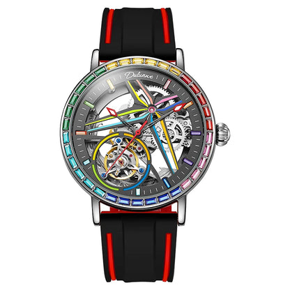 Skelethorloge voor heren, modieuze stijl, versierd met edelstenen in de kleuren van de regenboog, voorzien van een tourbillon; luxe mechanisch automatisch horloge, waterdicht tot 30 meter.