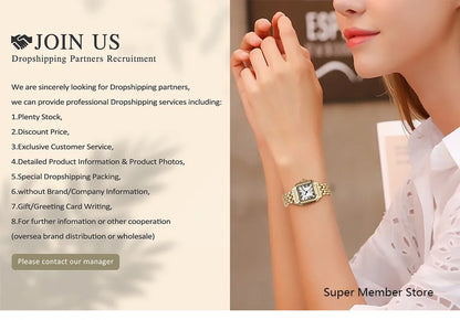 Luxury Ladies Fashion Quartz Watch Simple Scale Square Quality Gold Plated Women Watches Business Stainless Steel Folding Clock