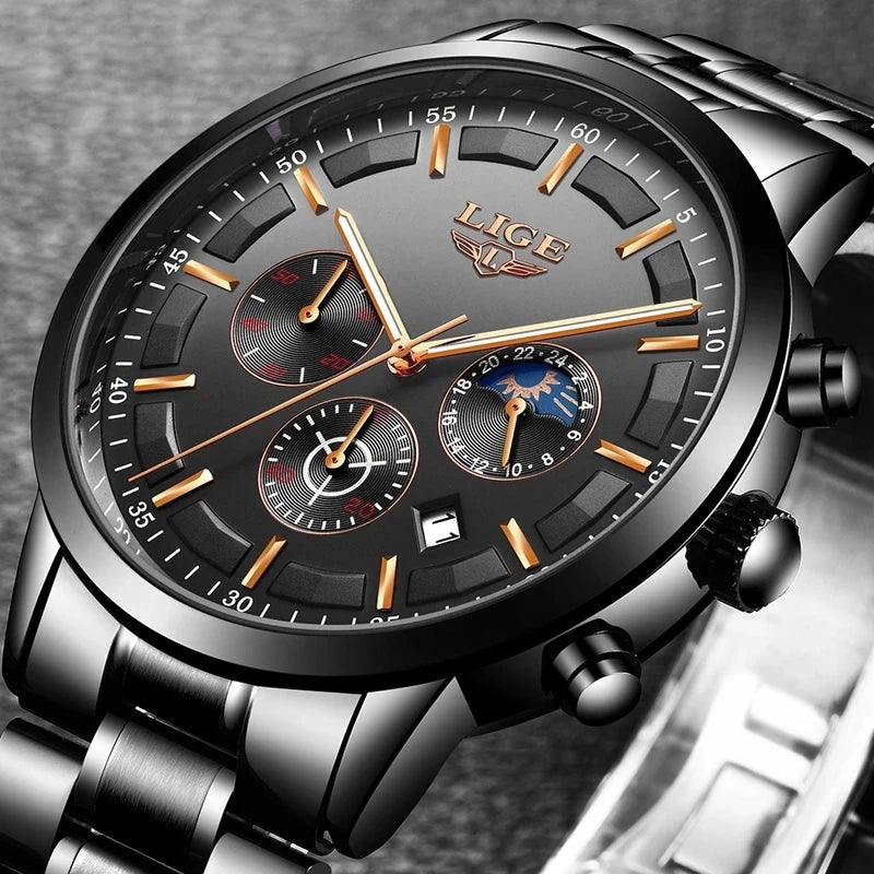 LIGE Men’s Watch – Luxury quartz chronograph, water-resistant (3 bar), with luminescent hands – Gift idea (box included)