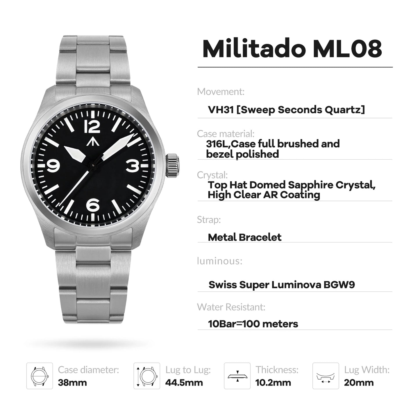 Relógio de Quartzo Vintage Militar Militado ML08 V2 com Movimento VH31, Vidro Duplo de Safira, Luminescência C3 BGW-9, Impermeável, 38mm