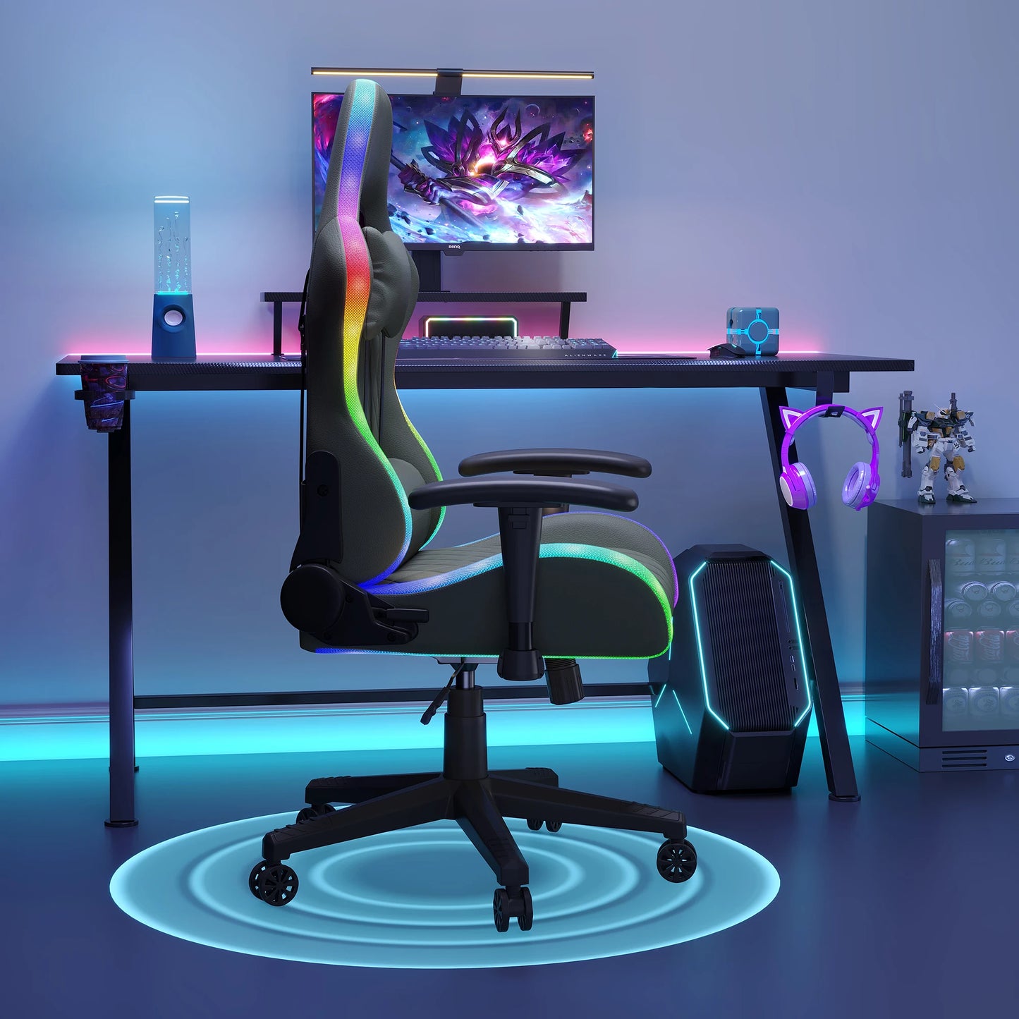 Ergonomic Office Chair with Lumbar Massage, RGB LED Lighting, Reclining Backrest, Adjustable Armrests, Gaming Desk Chair for Home Office