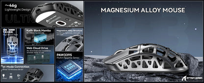ATTACK SHARK R3 8KHz Magnesium Alloy Gaming Mouse, PAW3395 Sensor, 26000 DPI, Superlight 46g, Tri-Mode Wireless Bluetooth & Wired Mouse for PC/Mac