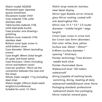 ADDIESDIVE HOT AD2030 36mm Men's Watch Relogios Masculino No Logo Sports Bubble Mirror Pot Cover Glass 10Bar Quartz Wristwatches